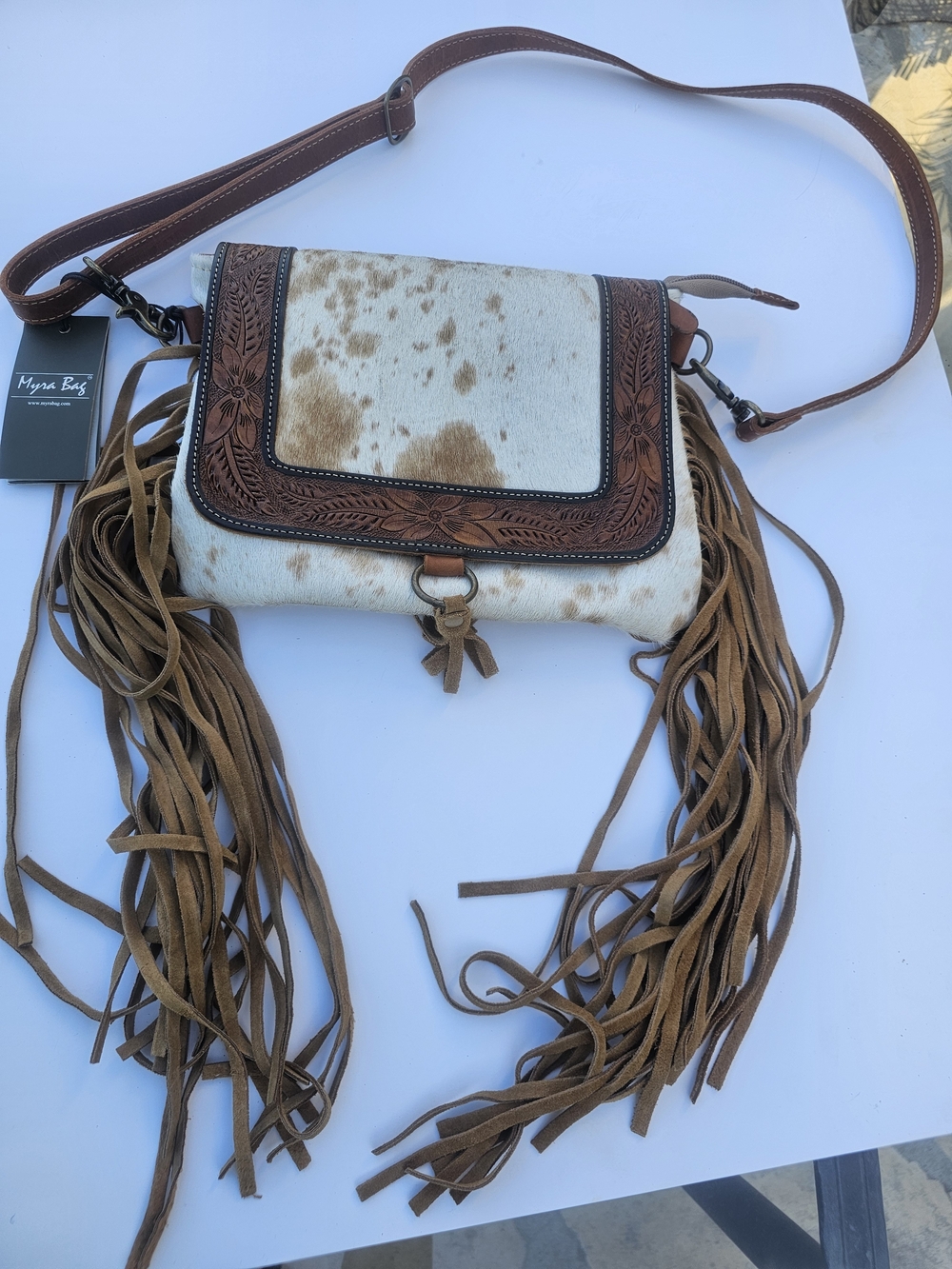 Myra Bag White & Brown Cowhide Fringe Crossbody with Tooled Leather Flap